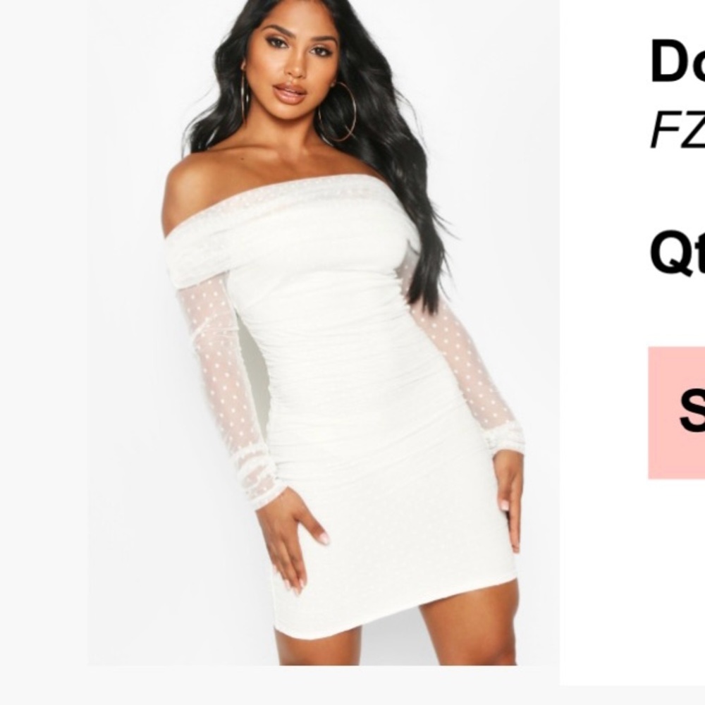 White Mesh Polka Dot Off the Shoulder Dress